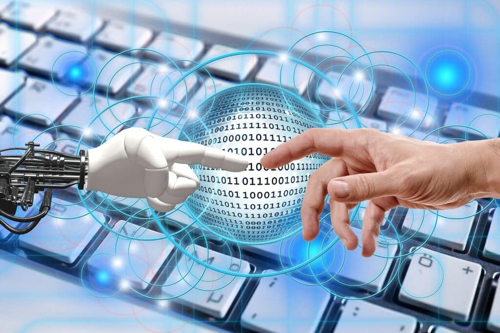 Montaje de mano de robot y mano de persona tocándose el dedo índice